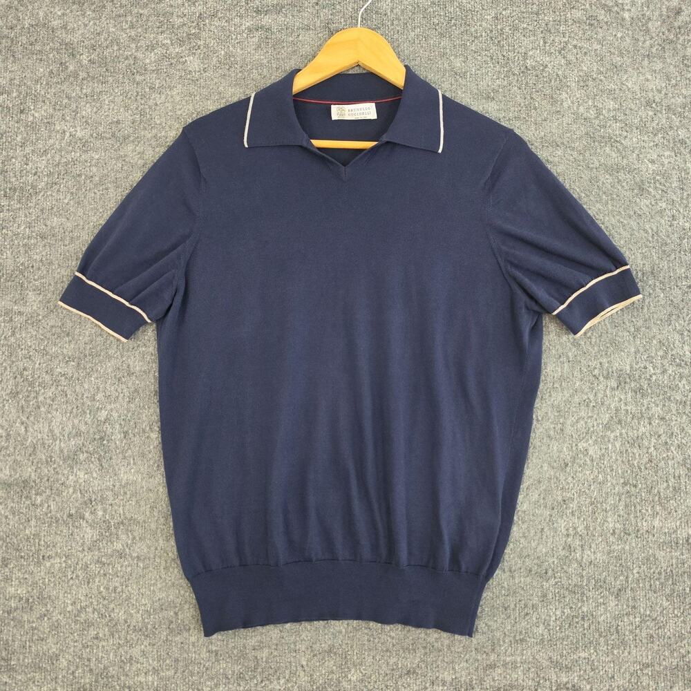 Brunello Cucinelli Polo Mens 50 Shirt Navy Cotton Knit Short Sleeve Italy Luxury